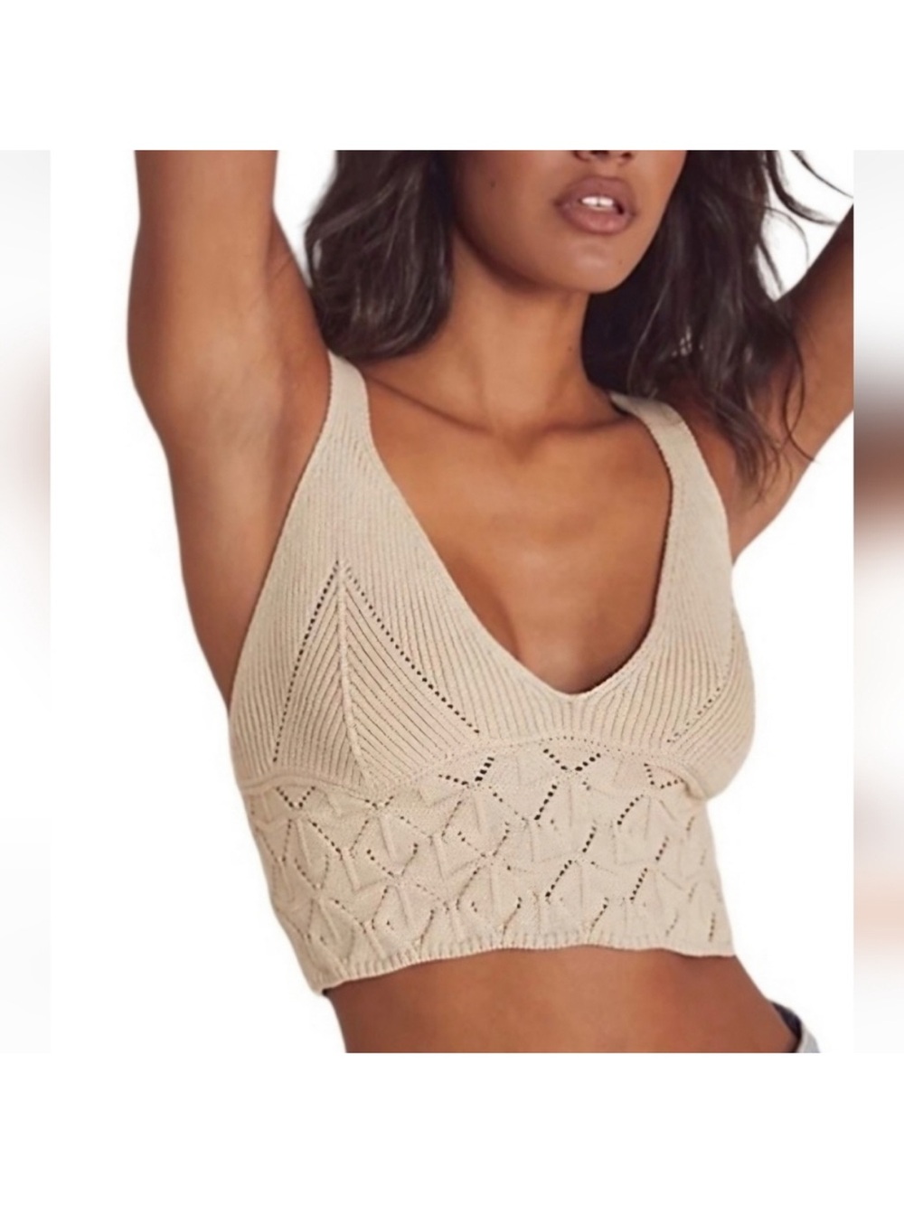 Free People Ecru Knit, V-Neck Crocheted Bralette